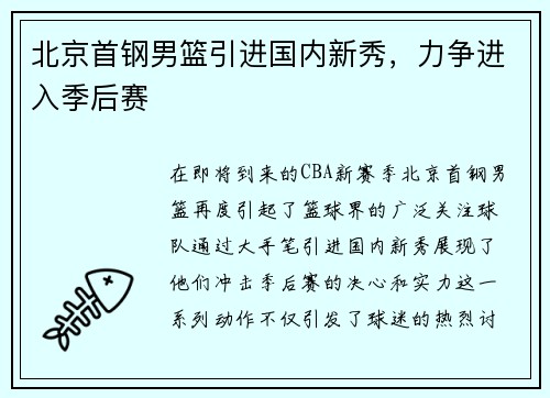 北京首钢男篮引进国内新秀，力争进入季后赛