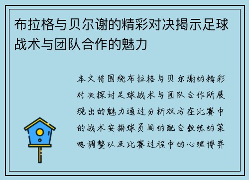 布拉格与贝尔谢的精彩对决揭示足球战术与团队合作的魅力