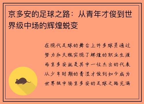 京多安的足球之路：从青年才俊到世界级中场的辉煌蜕变